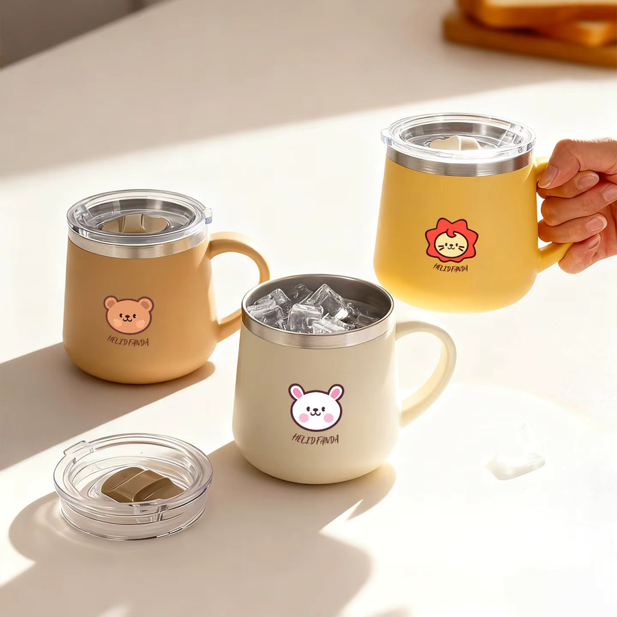 WORTHBUY Cartoon Thermobecher aus 316 Edelstahl mit Griff, doppelwandig isolierter Kaffeebecher, 430 ml, Gelb und Beige - Bild 2