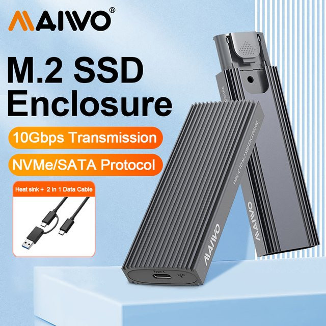 MAIWO M.2 NVMe SATA SSD-Gehäuseadapter in Grau, 10 Gbit/s PCIe Typ-C, Aluminium-Gehäuse für M-Key und B&M-Key, werkzeuglos - Bild 1