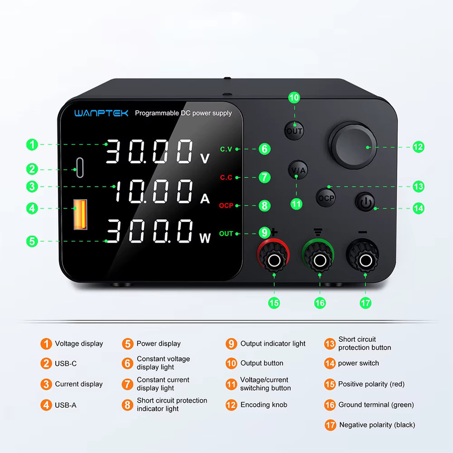 Wanptek Labor-DC-Netzteil in Schwarz mit USB-Schnellladung und einstellbarem Spannungsstrom (30 V/10 A, 60 V/5 A, 120 V/3 A) - Bild 2