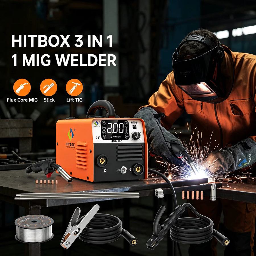HITBOX HBM200 3-in-1 Multiprozess-Schweißgerät mit Flux MIG, MMA und Lift TIG Technologie, tragbarer IGBT Inverter in Orange - Bild 2