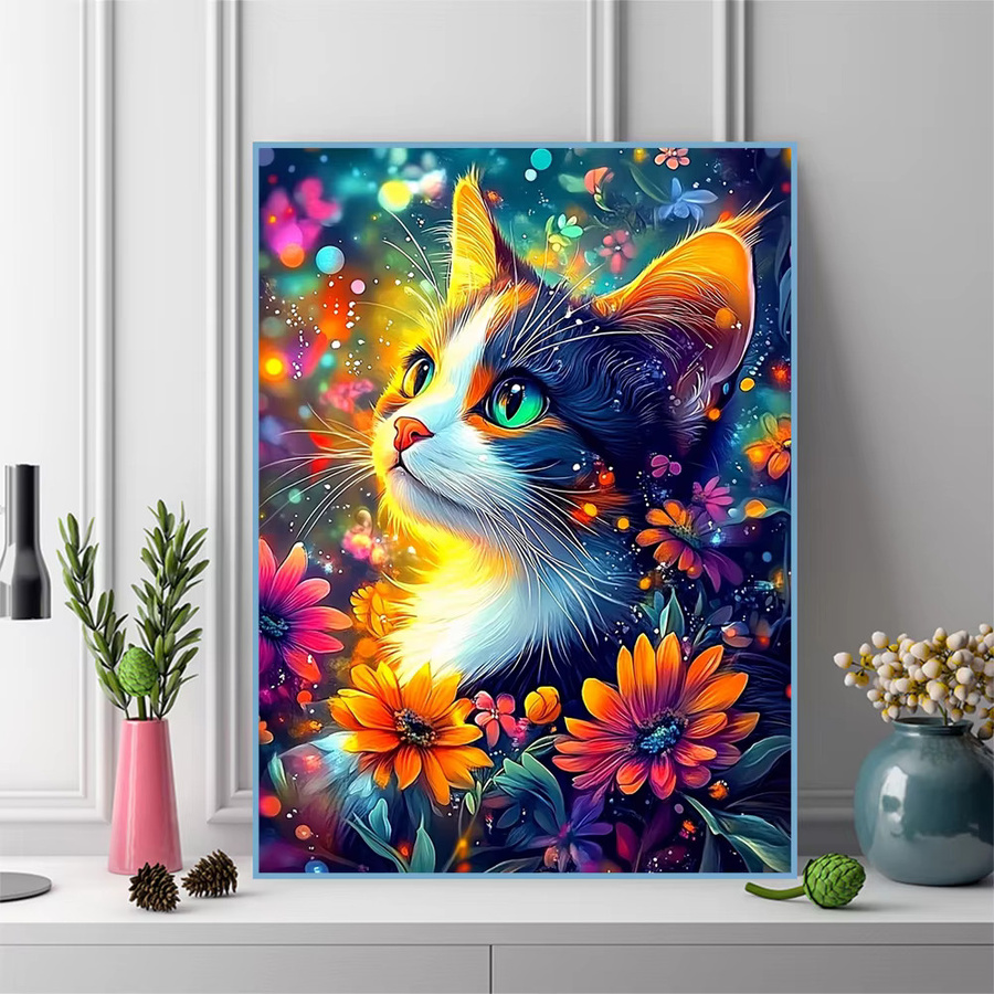 EverShine 5D Diamant Stickerei Set Katze mit Blumen Motiv, Mosaik Tier Bild als DIY Handwerk Kit, Mehrfarbig, B: 30,0 cm, H: 20,0 cm - Bild 3