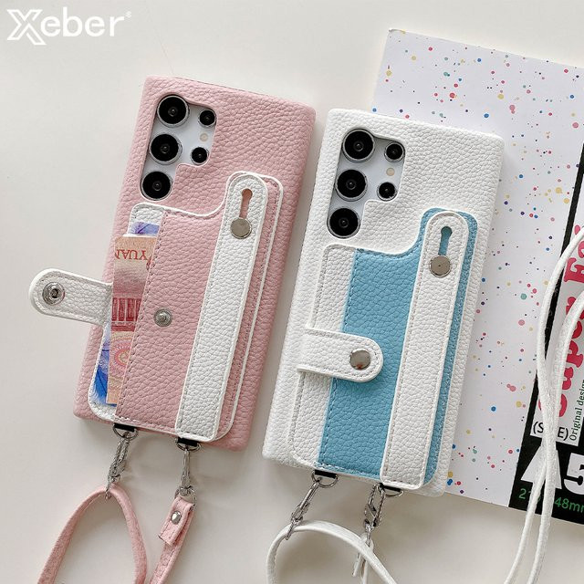 Luxus Leder Lanyard Handyhülle mit Kartenfach für Samsung Galaxy S25 Ultra S24 S23 FE S22 Plus A55 A35 A52 A45 Note 20 A72 in Schwarz oder Pink - Bild 1