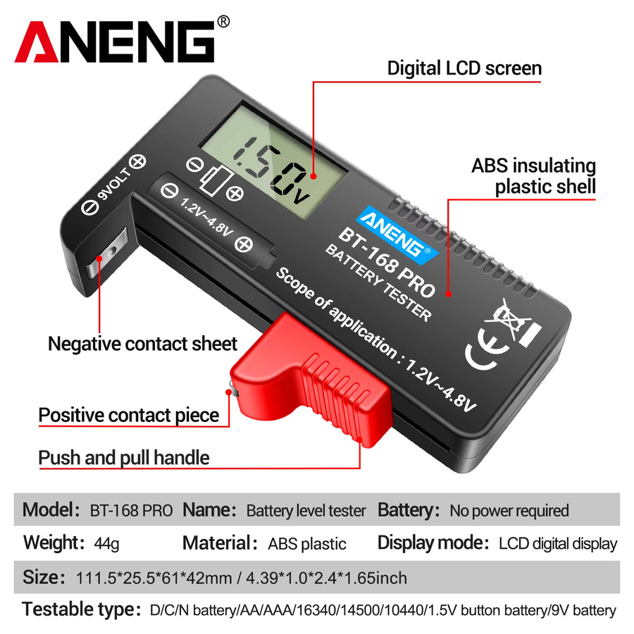 ANENG BT-168 PRO Taschen-LCD-Digital-Batterietester in Schwarz für AA, AAA, 9V und Knopfzellen - Bild 6