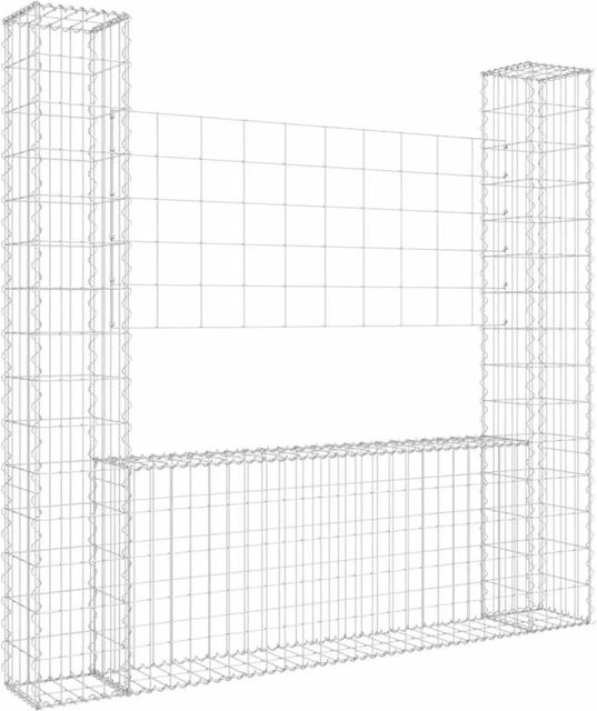 vidaXL Gabionenkorb U-Form aus Eisen mit 2 Säulen in Silber, B/T/H: 140 x 20 x 150 cm - Bild 1