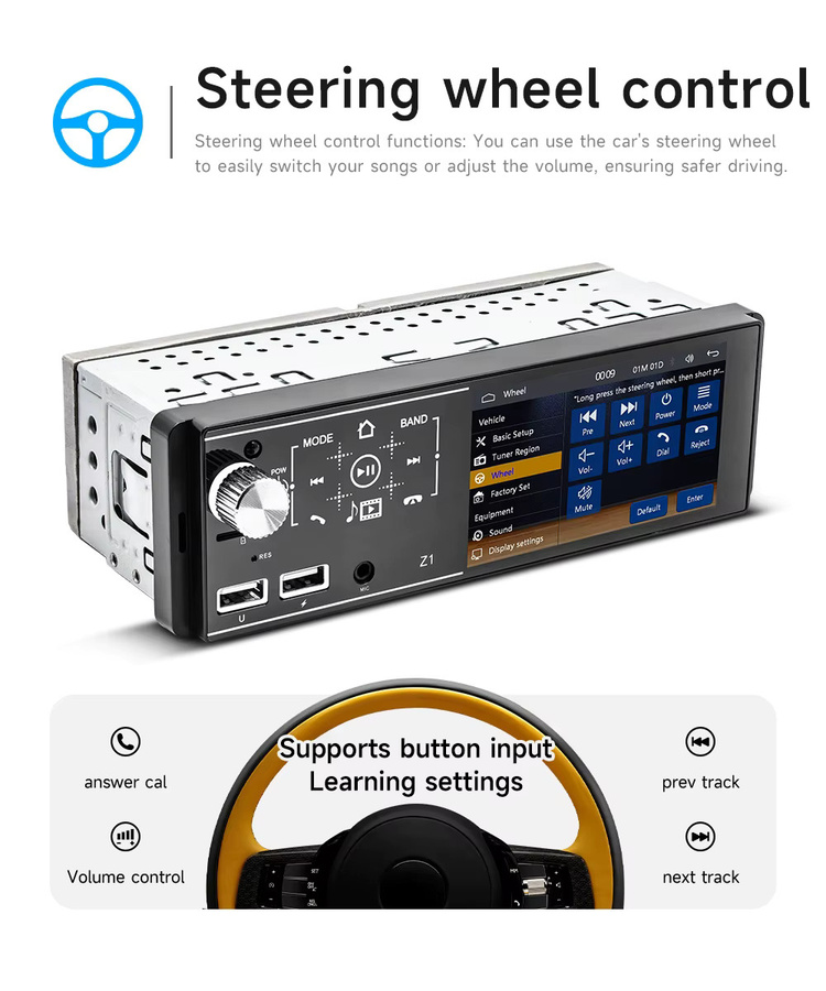 BQCC 1DIN MP5 Auto-Player mit Bluetooth, Apple CarPlay, Android Auto, USB und SD-Karten-Unterstützung, 4,1 Zoll, Schwarz - Bild 5