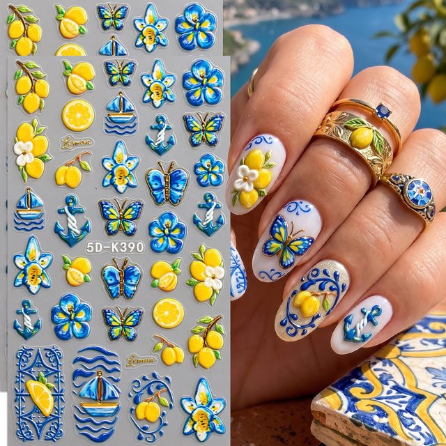 QIANJIKU Nagelkunst-Aufkleber, Gelbe Zitronen und Blaue Porzellanblumen, Weiss - Bild 1