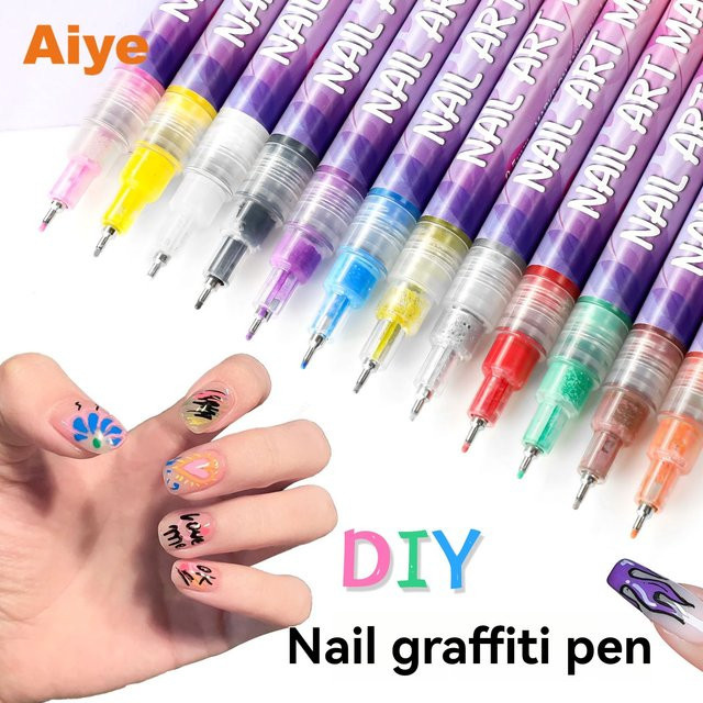 Nail Art Graffiti-Stift-Set mit 12 Farben, wasserfeste Acrylmarker für Maniküre und Nagelmalerei, feine Spitze, Multicolour - Bild 1