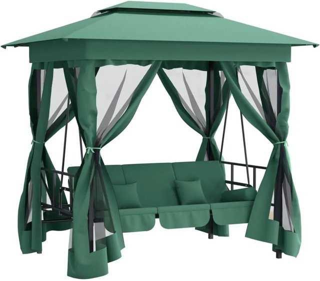 Furnicato Gartenpavillon Hollywoodschaukel in Grün mit pulverbeschichtetem Stahl und UV-beständigem Stoff inklusive Kissen und Sonnendach - Bild 1