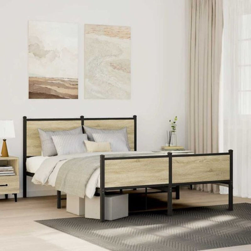 Metallbett Vidaxl in Sonoma-Eiche Natur und Braun im Industrial-Stil, B/T/H: 140 x 200 cm - Bild 1