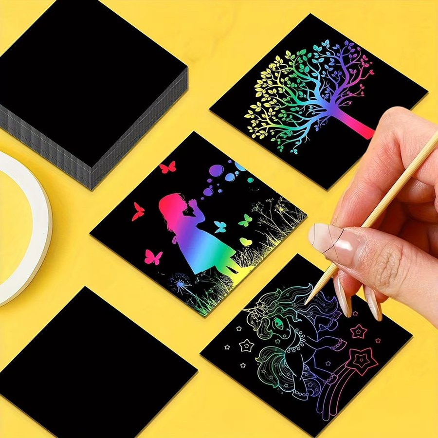 TYFYO Kratzpapier-Kunstset mit 100 Regenbogen-Zauberpapier-Karten und 2 Bambus-Stylus in Schwarz - Bild 3