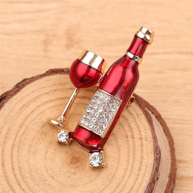 Lucky Star Jewelry Brosche Rotweinglas Weinflaschenform, Messing, Kristall, Gold, Unisex - Bild 1