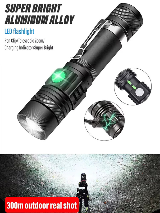 KDULIT LED-Taschenlampe mit USB-Ladefunktion, Schwarz, wiederaufladbar für 18650 Akkus - Bild 7