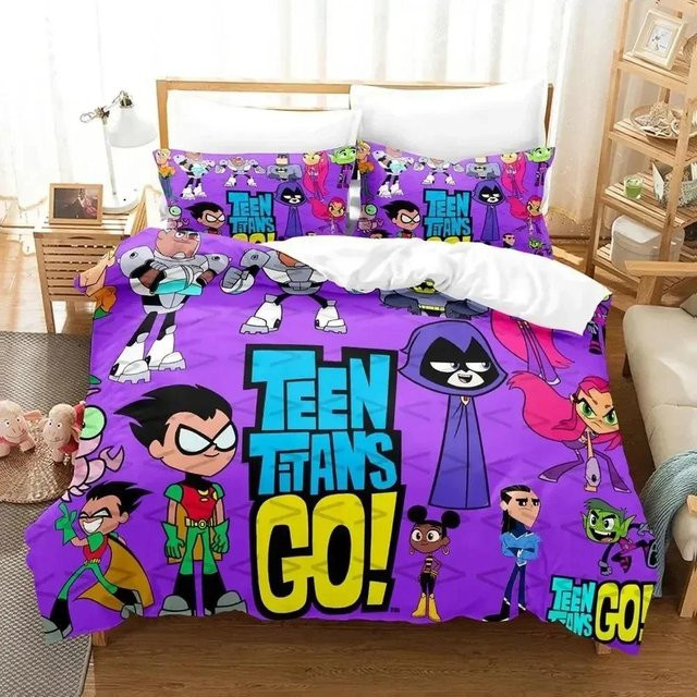 Teen Titans Go Bettwäscheset mit 3D-Druck in Lila, 3-teiliges Microfaser-Bettset für Kinder und Erwachsene, Bettbezug und Kissenbezug, B/H: 245 x 210 cm - Bild 1