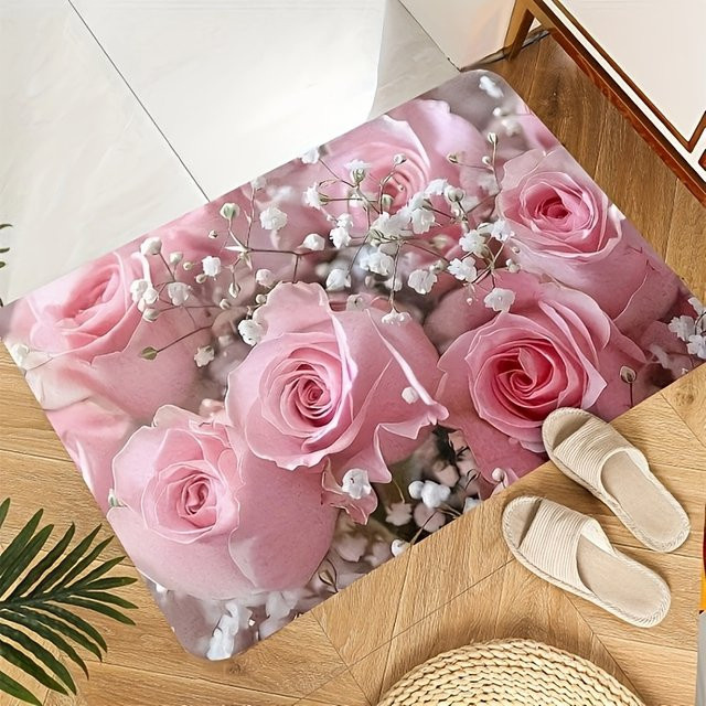 VIKAMA Teppich mit rosa Rosenmuster, rutschfester und schmutzabweisender Bodenmatte für Badezimmer, Küche, Flur und Balkon - Bild 1