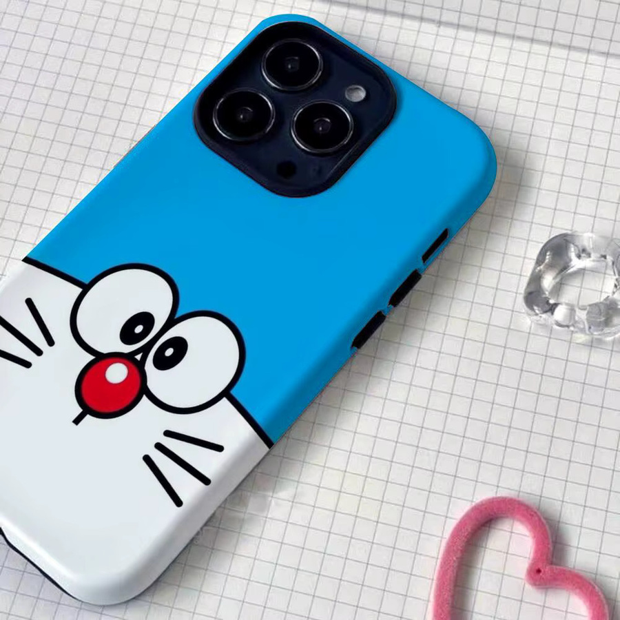 Anime Doraemon Handyhülle mit glänzender HD-Doppelschicht-Flüssigkeitsrückseite und Hartschale für iPhone 17 16 15 14 13 12 Pro Max Plus in Weiß und Blau - Bild 3