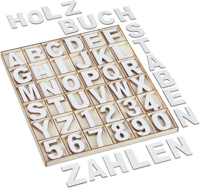 Relaxdays Buchstaben und Zahlen Set Holz Weiß - Bild 1