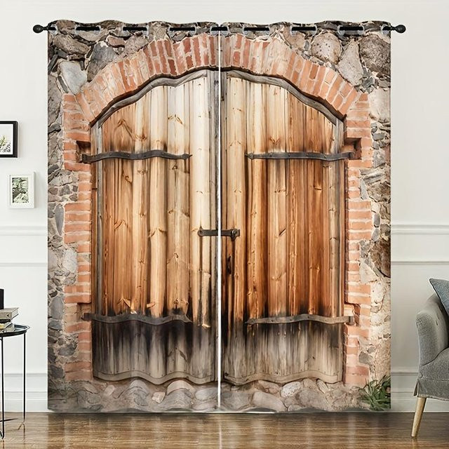Yiran Furniture 2er-Set Rustikale Vorhänge mit Bauernhaus-Landschaftsmuster in Braun, halbtransparent, B: 60 cm, H: 50 cm pro Stück - Bild 1