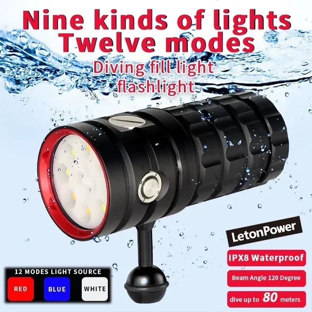 Leton Unterwasser Taschenlampe mit 25000 Lumen, Schwarz, Wiederaufladbar via USB Typ C, Aluminium - Bild 1