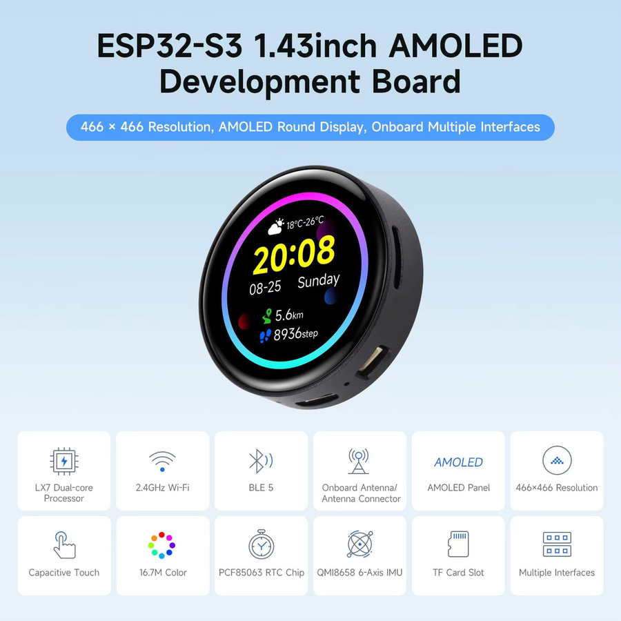 Waveshare ESP32-S3 Entwicklungsboard mit 1,43 Zoll AMOLED Rundes Touchscreen Display 466 x 466 Pixel Schwarz - Bild 2