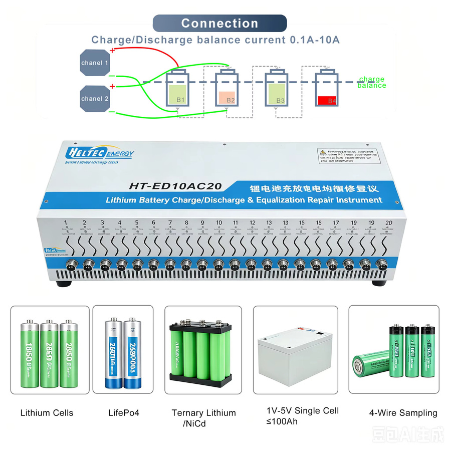 Heltec HT-ED10AC20 20-Kanal 18650 LiFePO4 Lithium-Batterie Ausgleichs- und Reparaturgerät mit 5V 10A Zellkapazitäts-Tester und CC/CV/CP/CR Lade- und Entladezyklus-Funktion - Bild 2