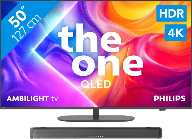 Philips Ambilight QLED 4K UHD Fernseher PUS9000 50 Zoll und Philips TAB5109 Soundbar Set in Schwarz - Bild 1