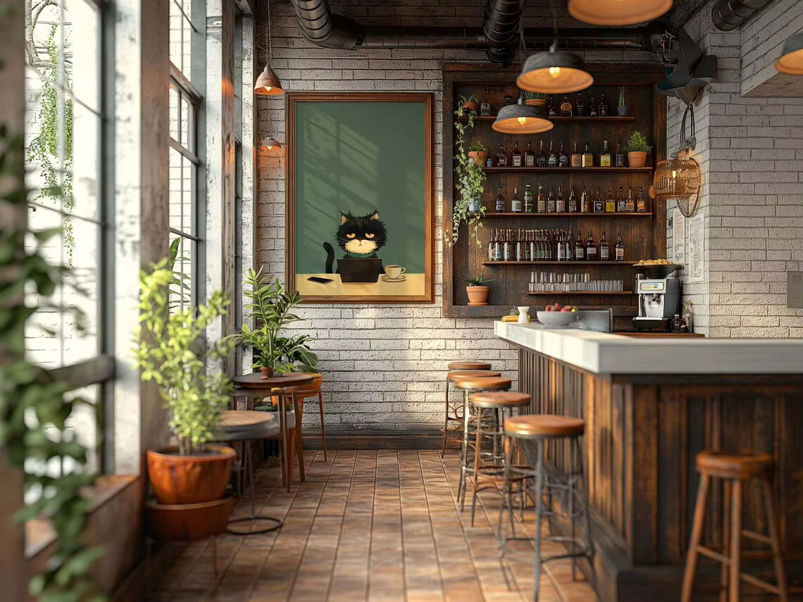 SHENCHEN Wandbild Retro Motiv Grumpy Black Cat mit Laptop und Kaffee in Schwarz und Multicolour - Bild 2
