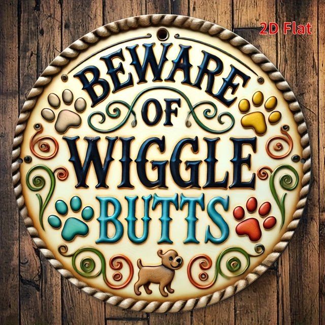 Potdemiel Vintage-Metallschild Beware of Wiggly Butts mit Hundepfotenabdrücken, runde Wandkunst aus Eisen, Durchmesser: 20,3 cm - Bild 1
