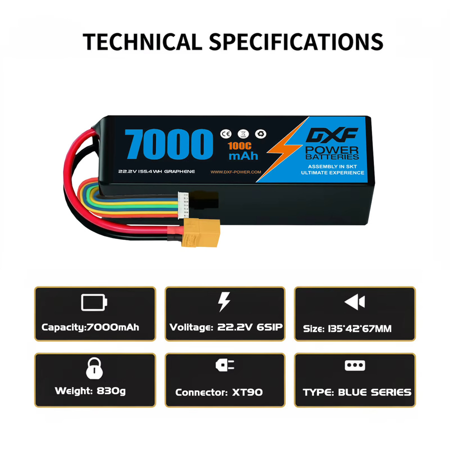 DXF 6S LiPo Akku 22,2V 7000mAh 100C Softcase mit XT90-Anschluss in Schwarz für RC-Modelle - Bild 2