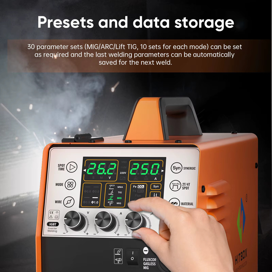 HITBOX MIG250 6-in-1 MIG-Schweißgerät in Orange: Synergic Single Pulse MIG/MMA/Lift TIG/Spot Schweißmaschine für Gas und Gaslos sowie Aluminium, 220V - Bild 4