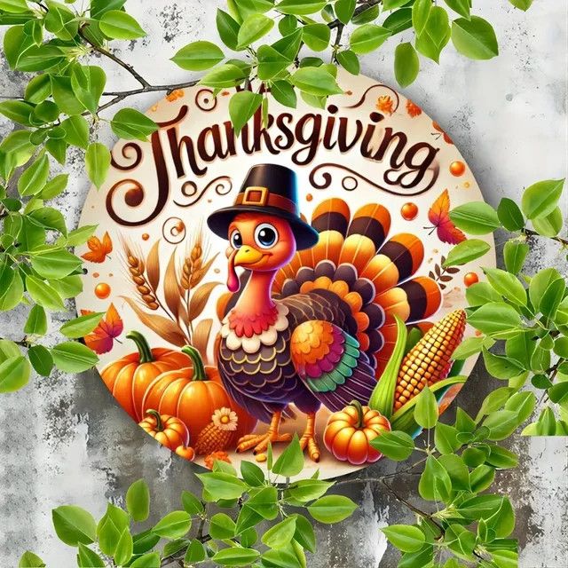 HELLOYOUNG Metallschild Thanksgiving Turkey rund aus Eisen in Multicolor zur Wanddekoration - Bild 1