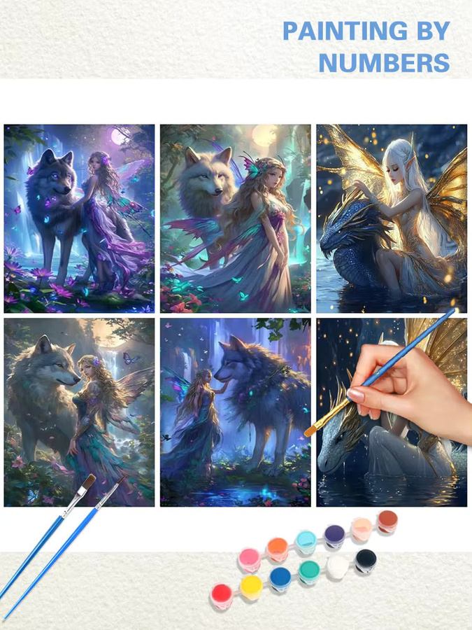 PhotoCustom Malen nach Zahlen Ölgemälde Wolf und Frauen auf Leinwand, DIY Digitalmalerei, Multicolor, Breite: 60 cm, Höhe: 75 cm - Bild 2