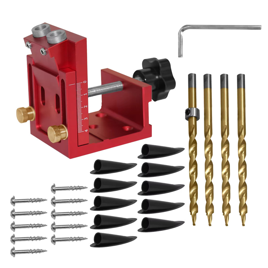 Wnew Pocket Hole Jig Kit Rot – Verstellbare Präzisions-Bohrschablone für Taschenschrauben mit 15 Grad Winkelbohr-Positionierer für Holzarbeiten - Bild 3