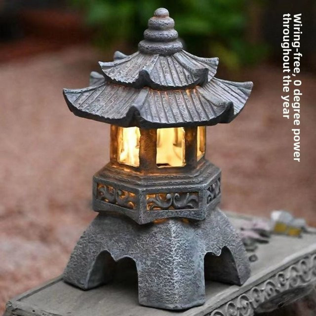 Solar Pagode Zen Stein Dekoration aus Harz als Gartenornament mit Außenbeleuchtung - Bild 1