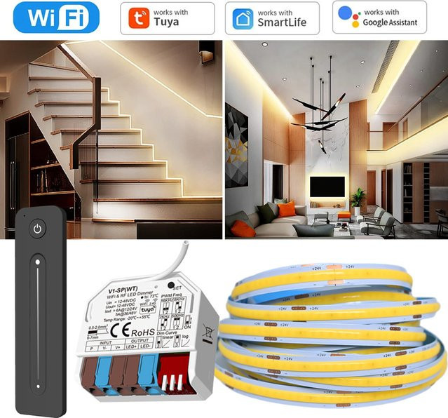CENFAYA Tuya WiFi COB LED Streifen 24V mit Mini Controller, dimmbar, CCT Weiß, kompatibel mit Amazon Alexa und Home Assistant, inklusive Fernbedienung - Bild 1