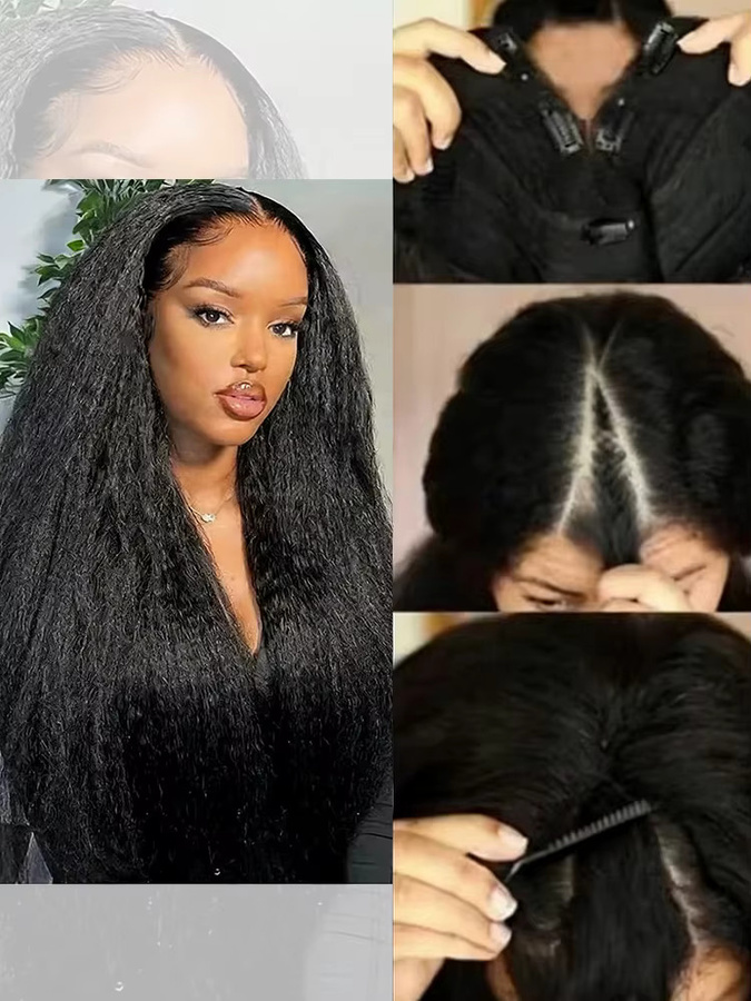 Abijale Kinky Straight V-Part Perücke, Echthaar, Naturschwarz, Lockig - Bild 5