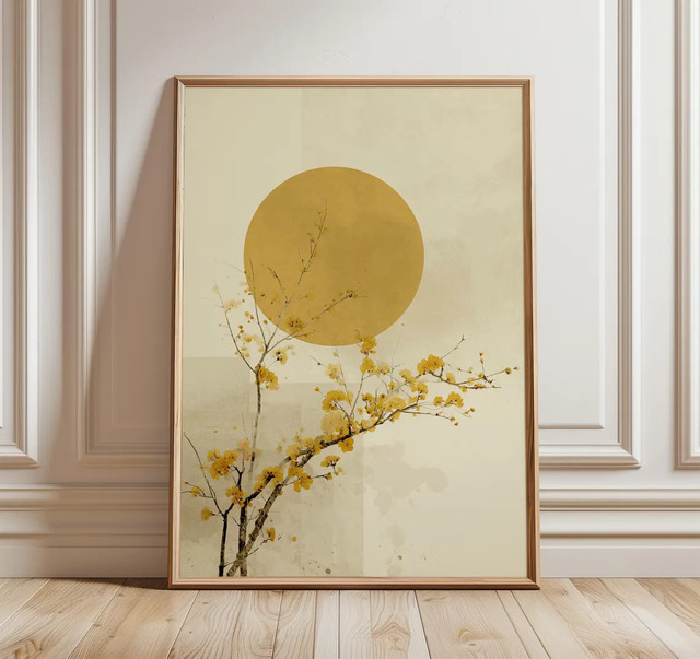 Minimalistisches japanisches Wandposter von SHENCHEN mit gelber Sonne und floralen Motiven, botanischer Zen-Grafikdruck auf Papier in Gelb - Bild 1