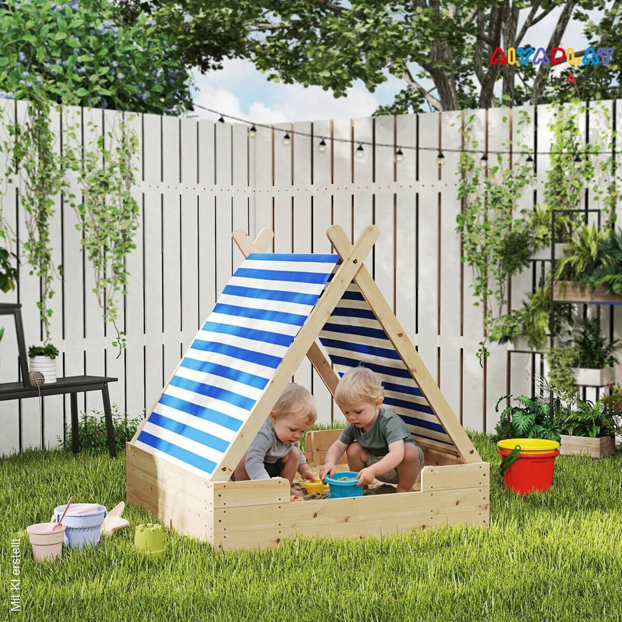 AIYAPLAY Sandkasten in Holzoptik mit gestreiftem Design, B/H/L: 120 x 126,5 x 120 cm - Bild 4