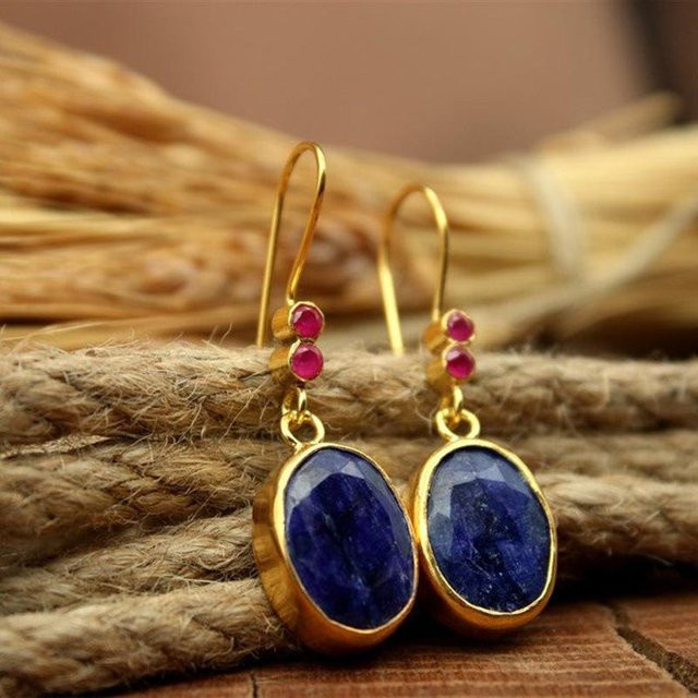 YIRAN Hängeohrringe, Kupfer, Gold, Blaue Zirkonia, Roter Stein, Damen - Bild 1