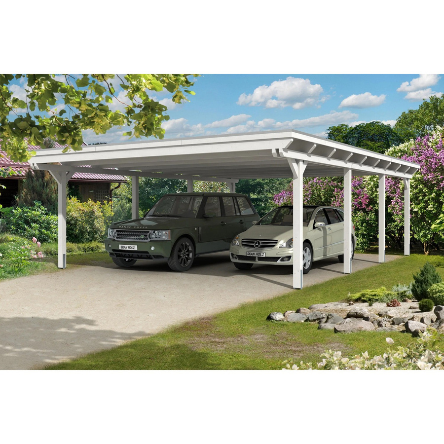 Skan Holz Carport Emsland aus Fichten-Leimholz in Weiß mit flacher Dachform und Aluminium-Dachplatten, B: 613 cm, T: 846 cm, H: 248 cm - Bild 2