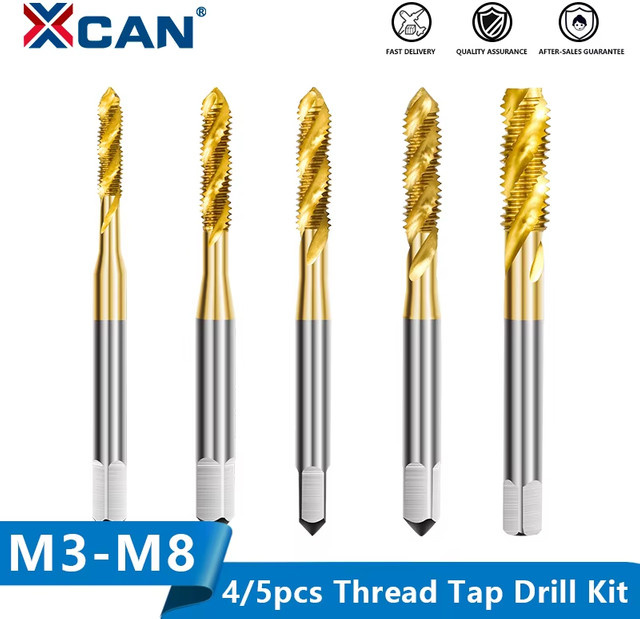 XCAN 4/5-teiliges HSS Spiral-Gewindebohrer-Set Titanbeschichtet in Gold, Metrische Gewindebohrer Rechtshändig M3 M4 M5 M6 M8 - Bild 1