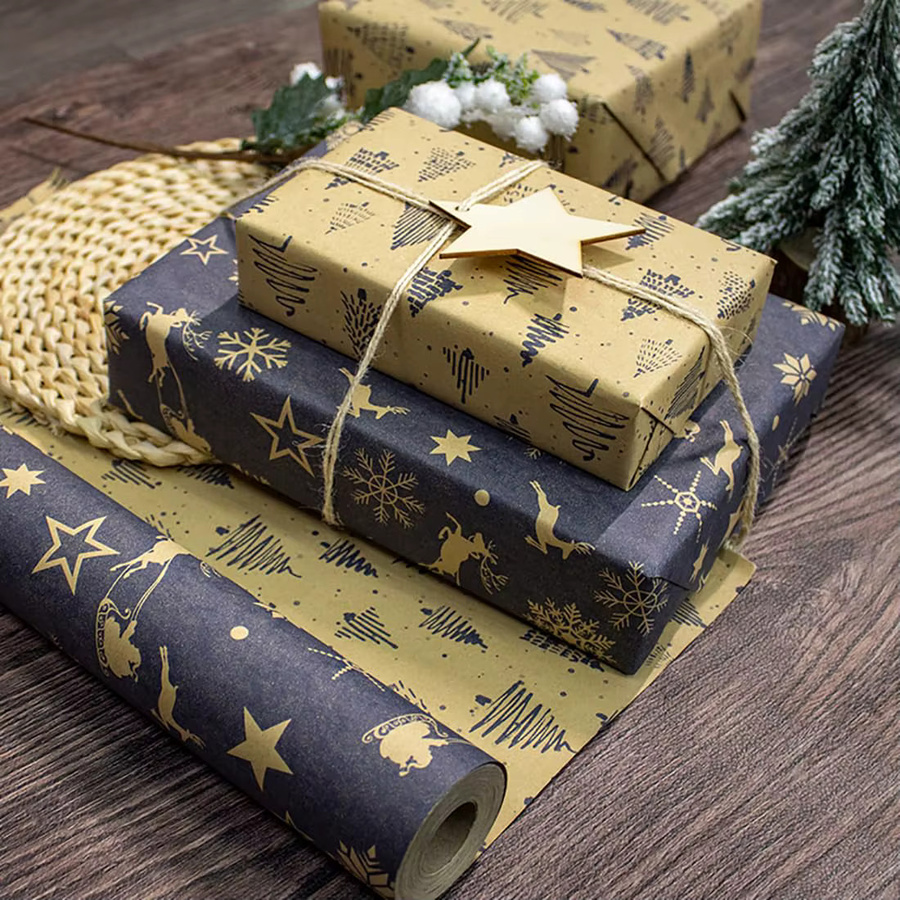 Weihnachts-Geschenkpapierrolle aus Vintage-Kraftpapier in Marineblau und Braun, 1 Rolle - Bild 5