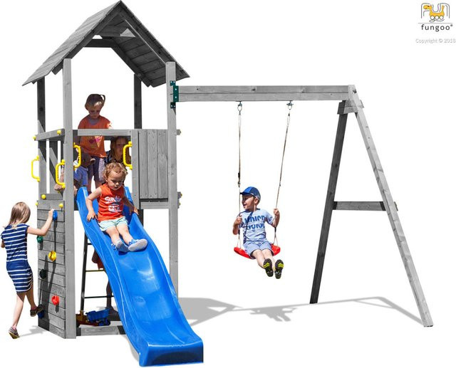 Fungoo Spielturm Carol 2 in Grau mit Rutsche, Schaukel und Kletterwand - Bild 1