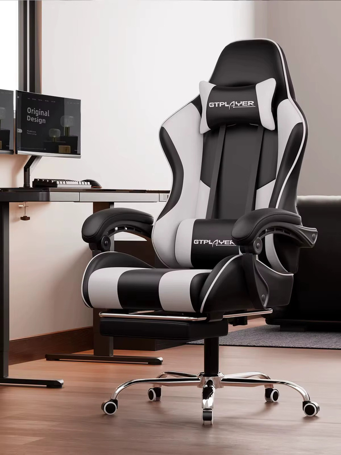 GTPLAYER Gaming Stuhl in Schwarz-Weiß, ergonomischer Gaming Sessel aus Kunstleder mit Massagefunktion, Fußstütze und Kopfstütze - Bild 4