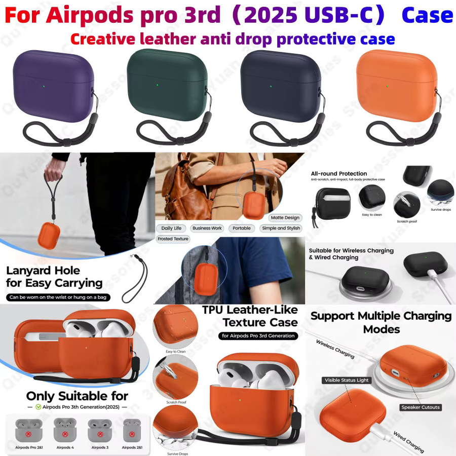 Apple AirPods Pro 3 Schutzhülle mit Leder-Muster und Schlüsselanhänger in Grün und Orange - Bild 2