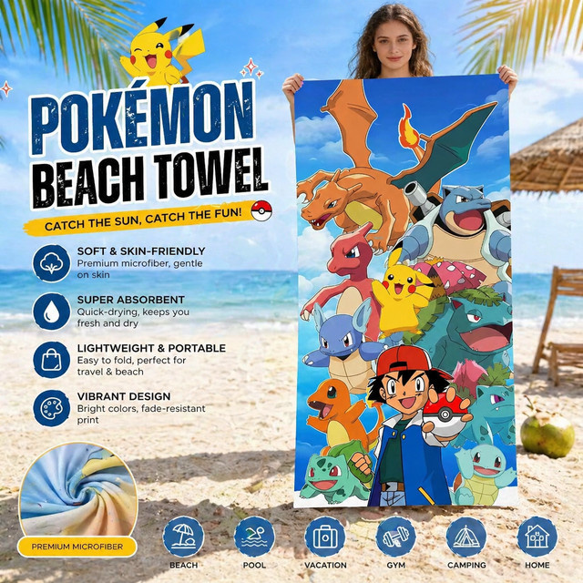 Potdemiel Pokémon Pikachu Strandtuch aus Mikrofaser, schnell trocknend und sandfrei, Multicolor - Bild 1