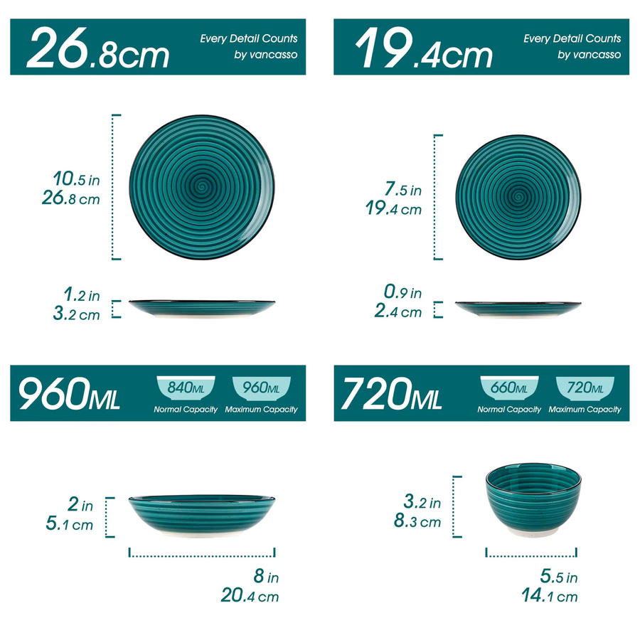 Vancasso 24-teiliges Keramik Geschirr-Set in Grün mit handbemaltem Spiralmuster bestehend aus Speisetellern, Desserttellern, Suppentellern und Schüsseln - Bild 2