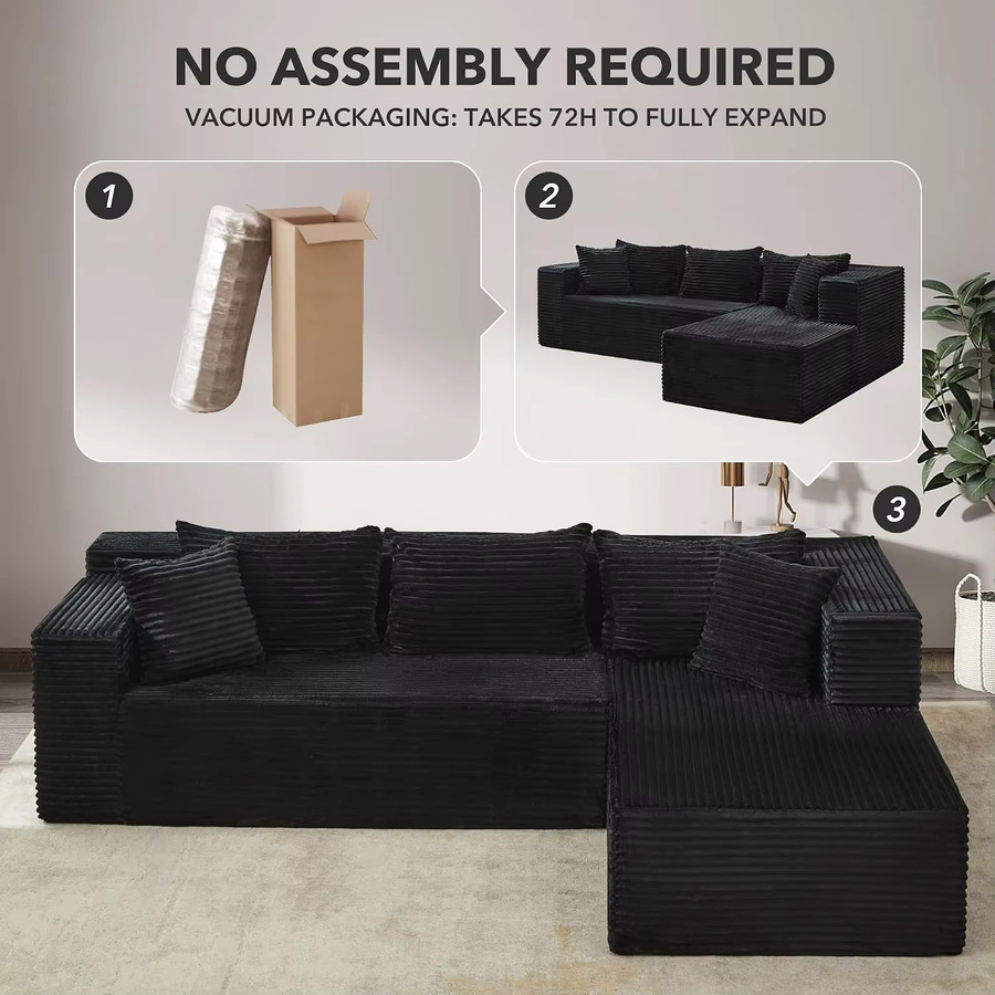 Garvee L-förmiges modulares Ecksofa in Schwarz mit weichem Cord-Bezug und breiter Sitzfläche für dein Wohnzimmer - Bild 3