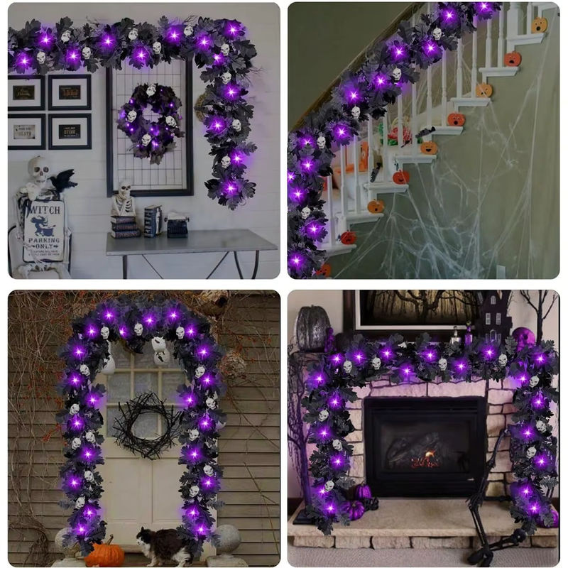Peach Forest Halloween Deko mit 20 LED und 6 Totenköpfen in Schwarz als hängende Weinreben-Lichterkette - Bild 6