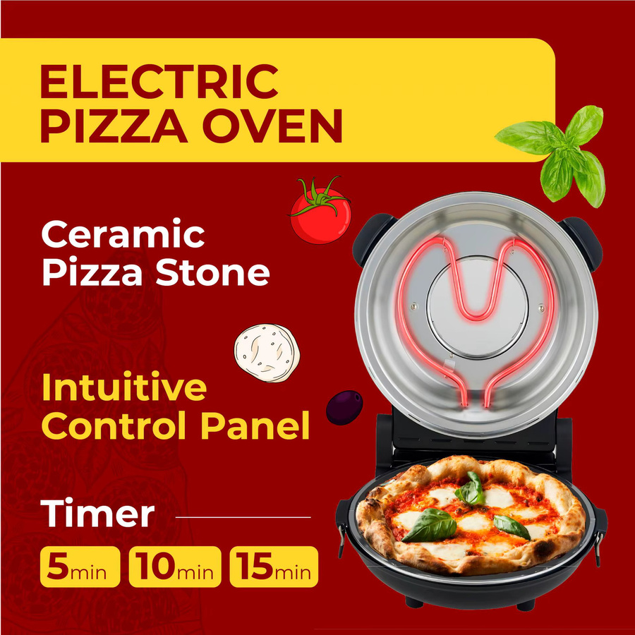 Adler Elektrischer Pizzaofen mit Stein und Timer, 1200 W, 400 °C, Schwarz - Bild 2