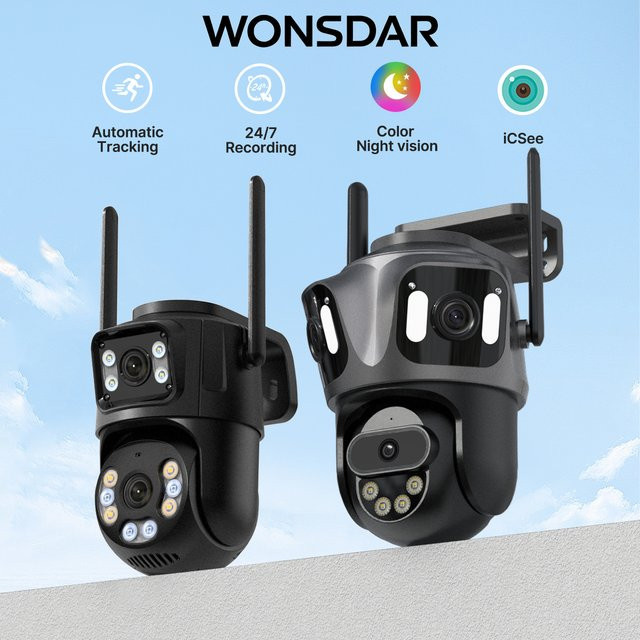 WONSDAR WIFI IP-Kamera mit 3-Linsen und 3-Bildschirm, PTZ-Überwachungskamera mit Menschenerkennung, IP66 wasserdicht, Schwarz - Bild 1